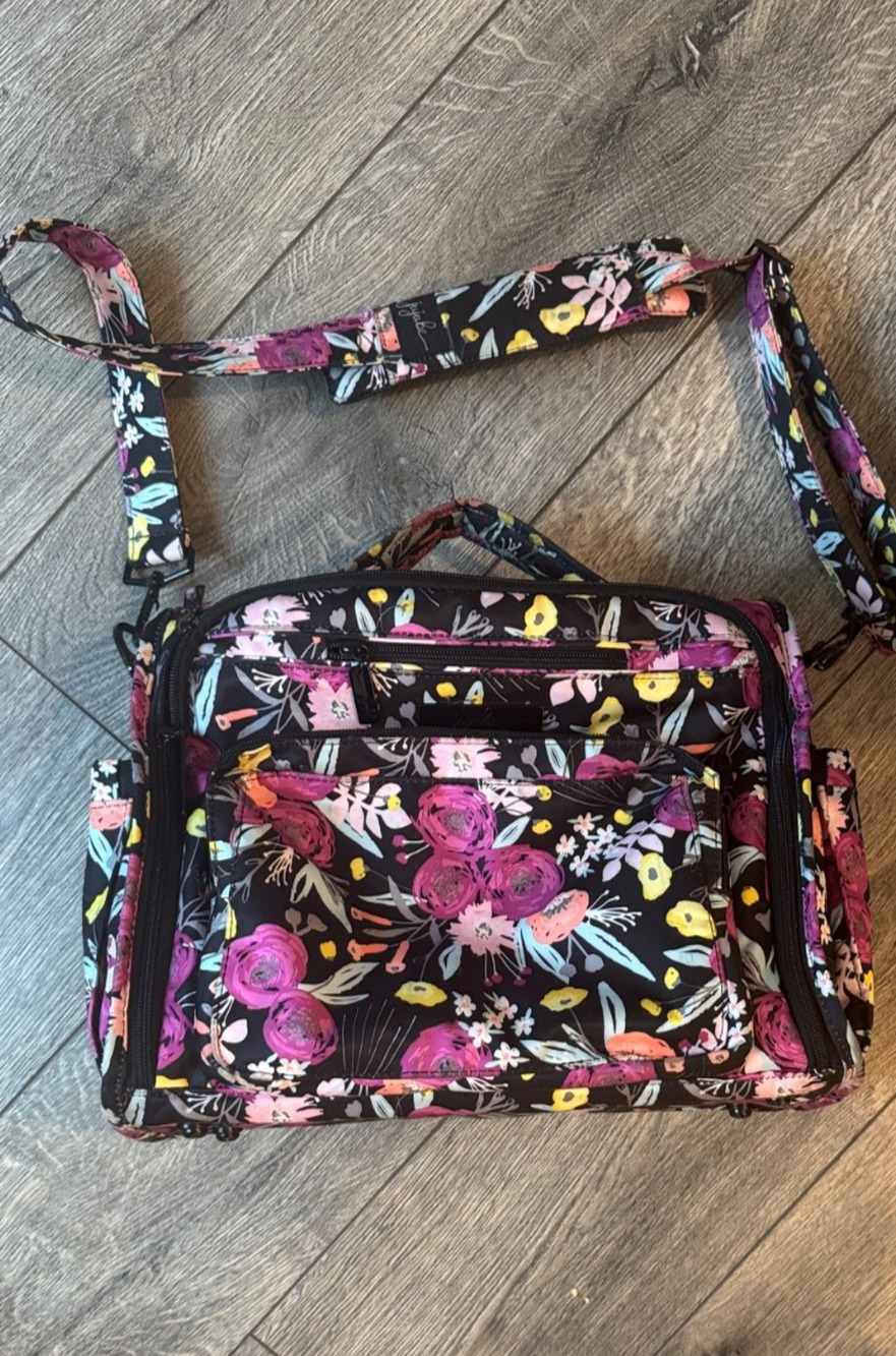 JuJuBe Black & purple Floral Messenger Backpack BFF Diaper Bag And Changing Pad